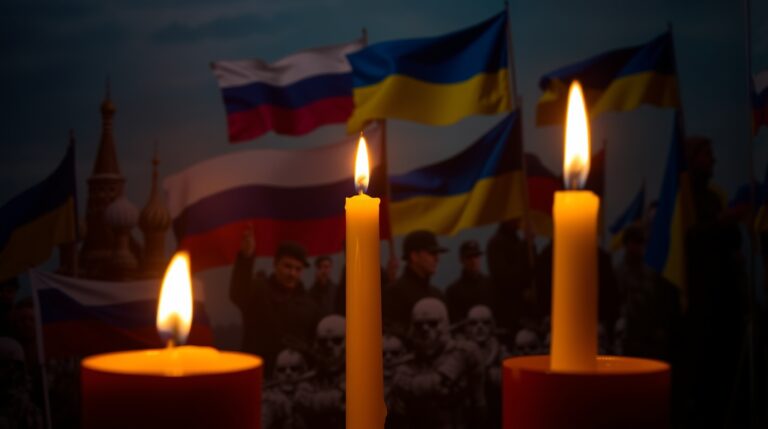 Background depicting the Russia-Ukraine war and flags under warm candlelight. Cool blues, greens, purples complement warm, flickering flames
