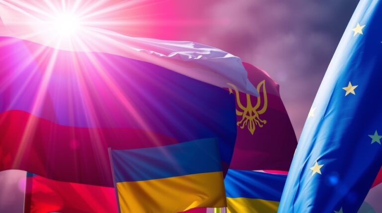 Background of the Russia-Ukraine war and flags, showcasing vibrant light streaks and lens flare. Bright, dynamic, and colorful