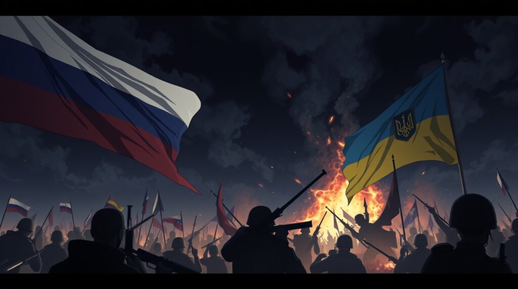 Isekai anime style depicting Russia-Ukraine war, flags included. High contrast, low-key lighting, deep shadows, dramatic effect, expressive composition