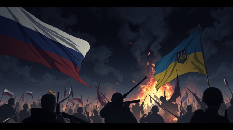 Isekai anime style depicting Russia-Ukraine war, flags included. High contrast, low-key lighting, deep shadows, dramatic effect, expressive composition